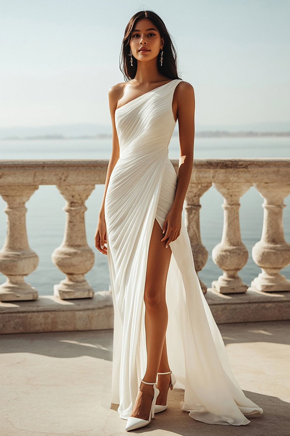 Sky Blue One Shoulder Beach Maxi Formal Dress with Slit