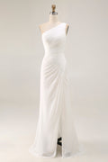 Ivory Ruched One Shoulder Beach Maxi Rehearsal Dinner Dress with Slit