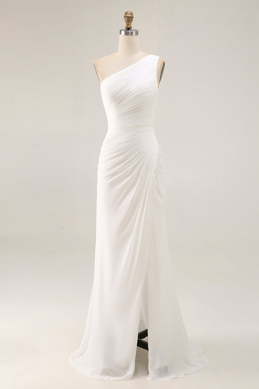 Ivory Ruched One Shoulder Beach Maxi Rehearsal Dinner Dress with Slit