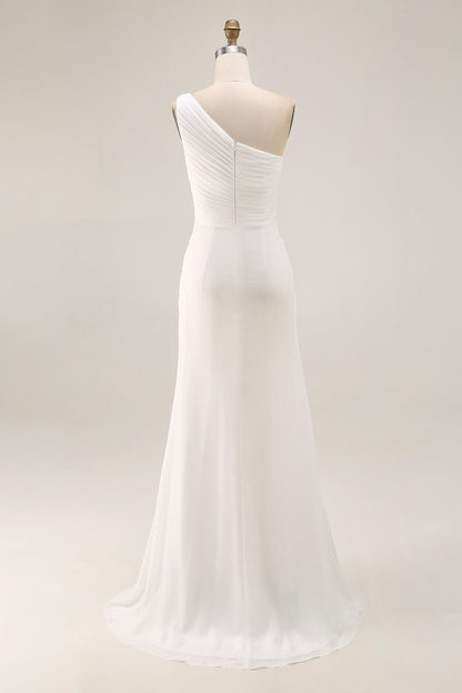 Ivory Ruched One Shoulder Beach Maxi Rehearsal Dinner Dress with Slit