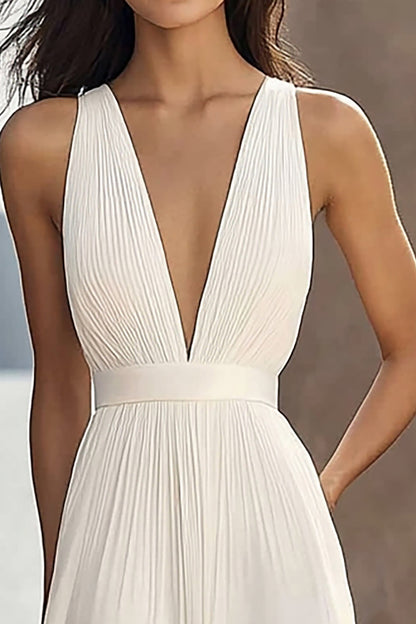 Chiffon Ivory Ruched Deep V-Neck Beach Maxi Engagement Dress