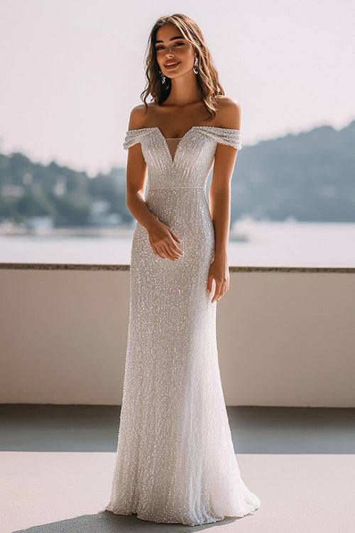 Sparkly Ivory Mermaid Sequin Maxi Rehearsal Dinner Dress