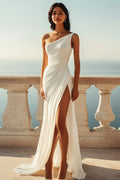 Ivory Ruched One Shoulder Maxi Chiffon Rehearsal Dinner Dress with Slit