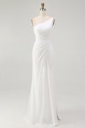 Ivory One Shoulder Chiffon Maxi Ruched Rehearsal Dinner Dress with Slit