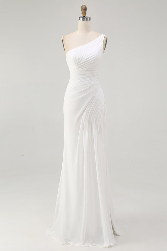 Ivory One Shoulder Chiffon Maxi Ruched Rehearsal Dinner Dress with Slit