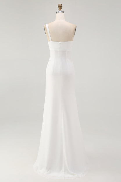 Ivory One Shoulder Chiffon Maxi Ruched Rehearsal Dinner Dress with Slit