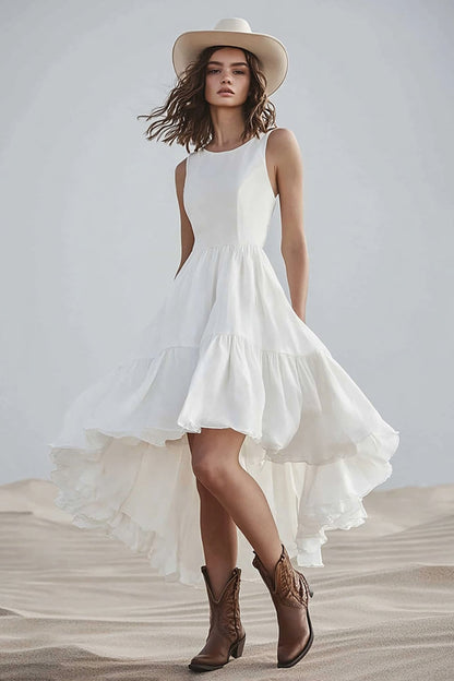 Ivory A Line High-Low Boho Western Wedding Dress