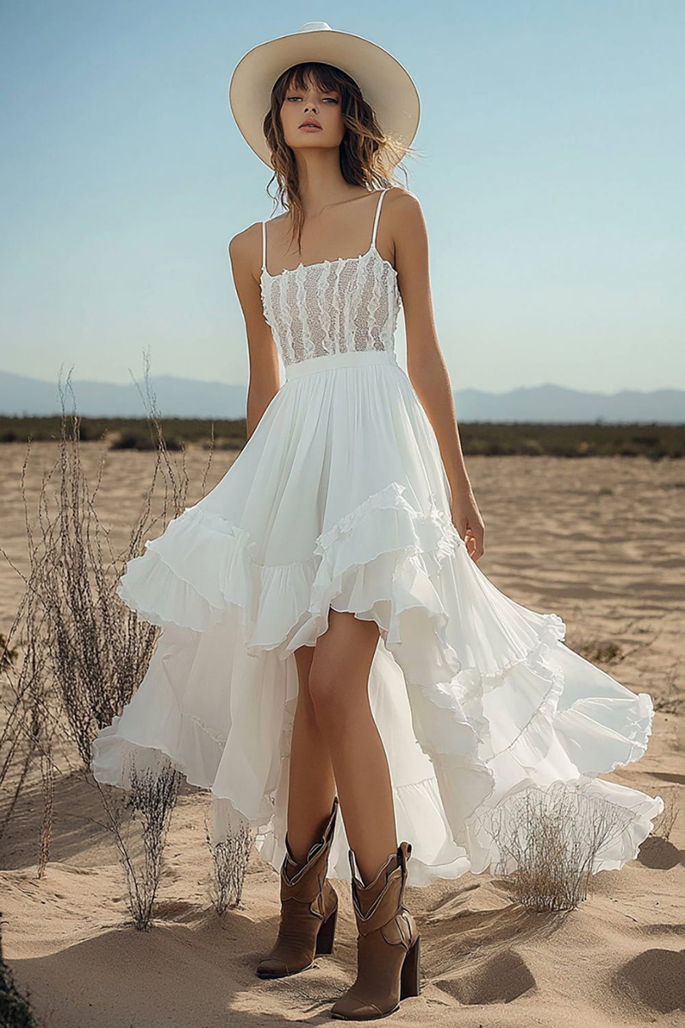 Ivory High-Low Chiffon Boho Western Wedding Dress with Lace