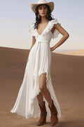Ivory Ruffled Asymmetrical Boho Western Wedding Dress with Sash