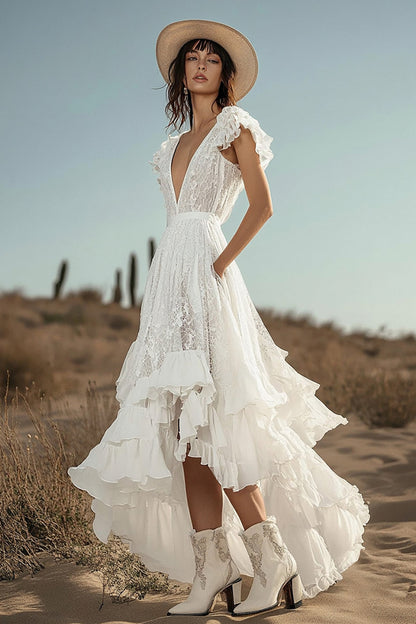 Ivory Lace Ruffled Boho High-Low Western Wedding Dress with Pockets