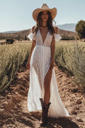 Lace Ivory Deep V-Neck Boho Maxi Western Wedding Dress with Ruffles
