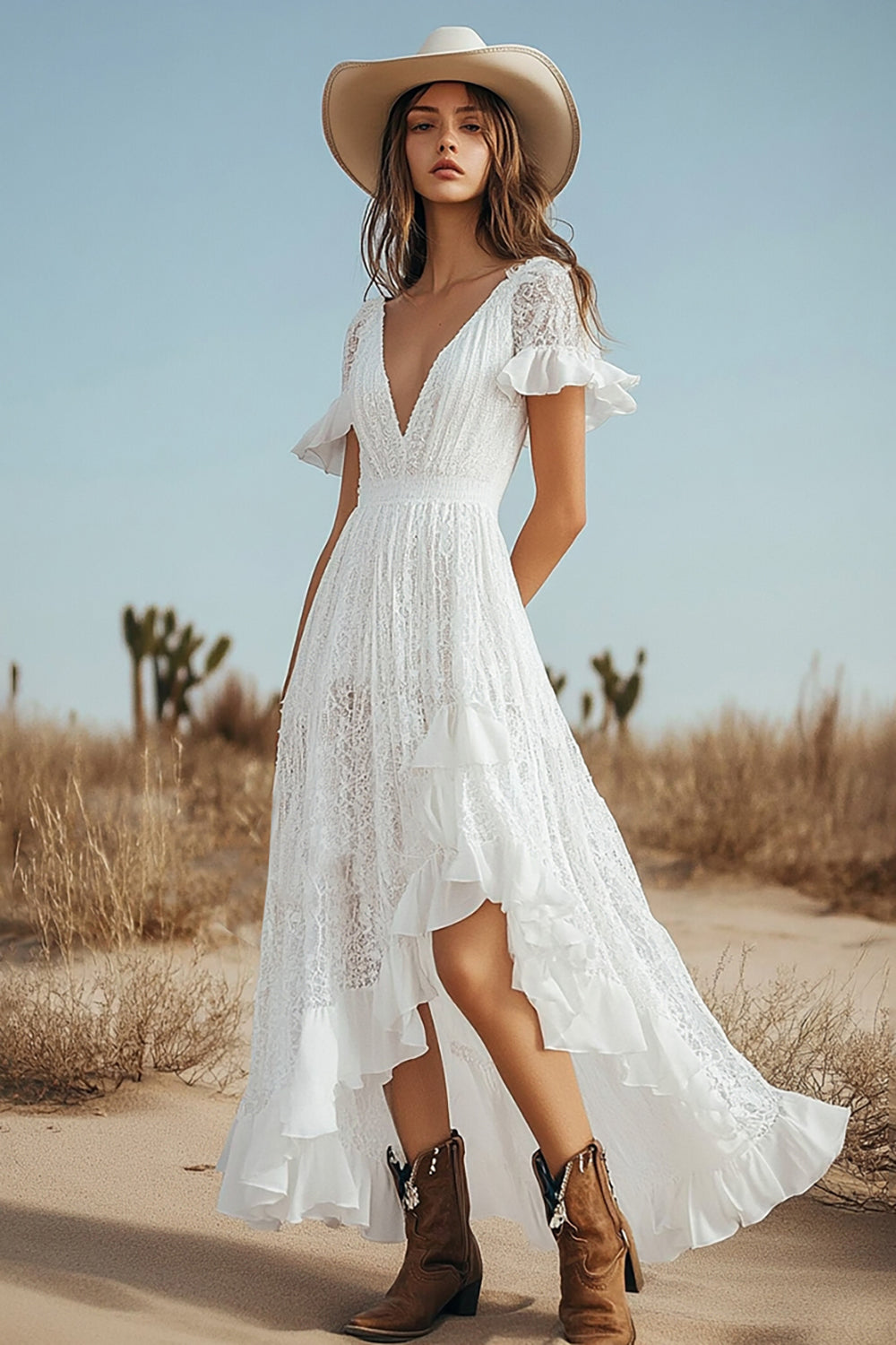 Ivory Lace Boho High-Low Western Wedding Dress with Sleeves