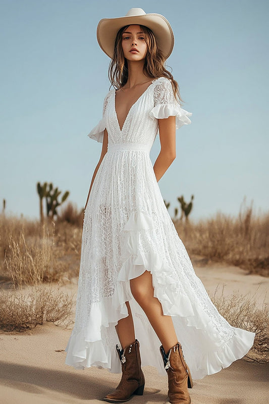 Ivory Lace Boho High-Low Western Wedding Dress with Sleeves