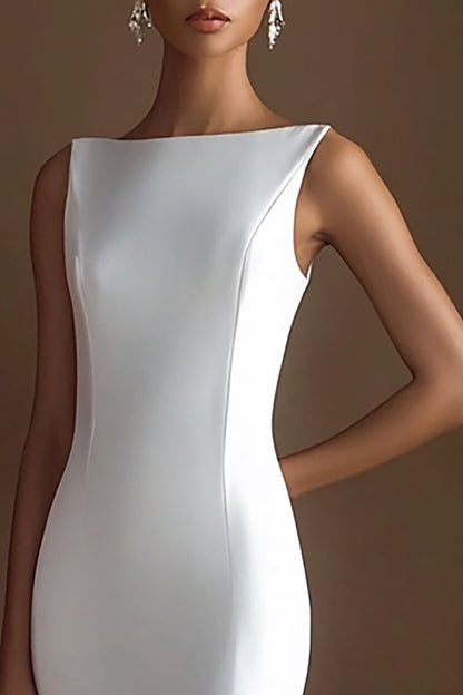 Simple Ivory Bateau Satin Maxi Rehearsal Dinner Dress
