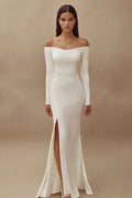 Satin Ivory Off the Shoulder Maxi Wedding Reception Dress with Slit