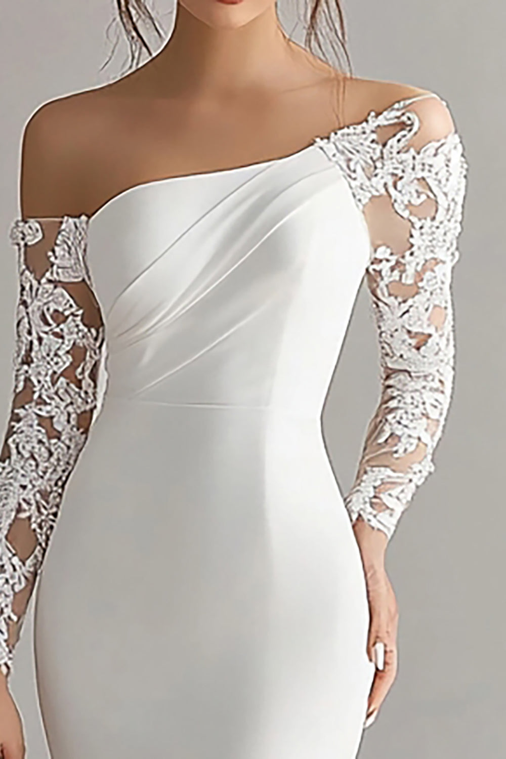 Ivory Mermaid Long Sleeves Maxi Rehearsal Dinner Dress with Lace