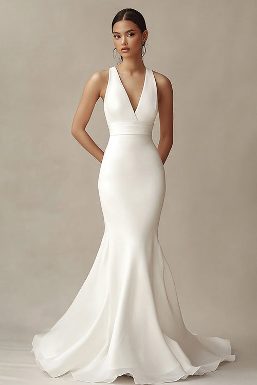 Ivory V-Neck Mermaid Maxi Rehearsal Dinner Dress