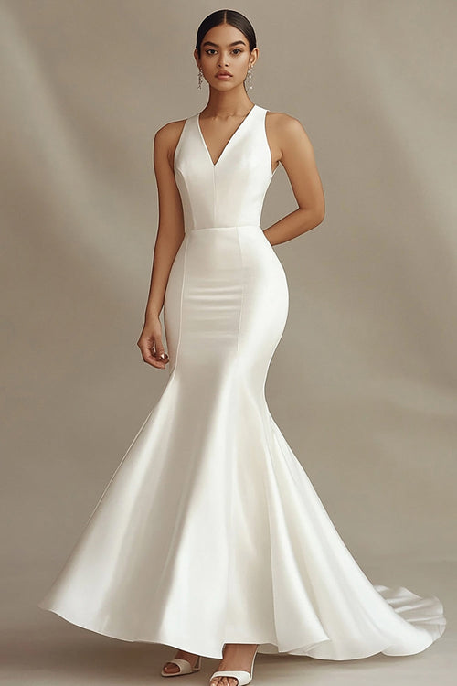 Ivory Mermaid V-Neck Satin Sweep Train Rehearsal Dinner Dress