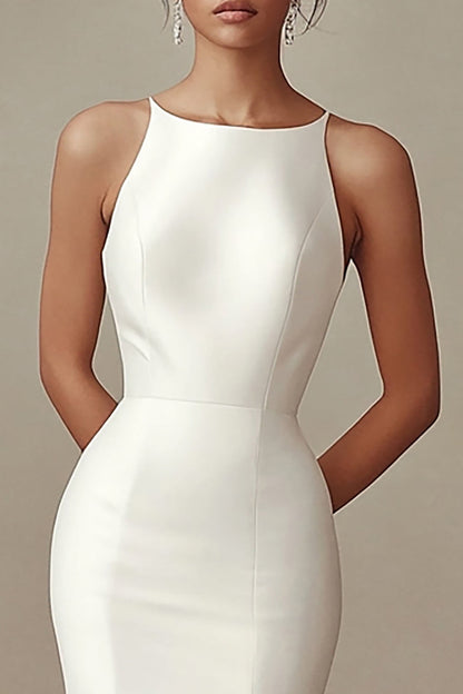 Ivory Mermaid Boat Neck Satin Maxi Rehearsal Dinner Dress