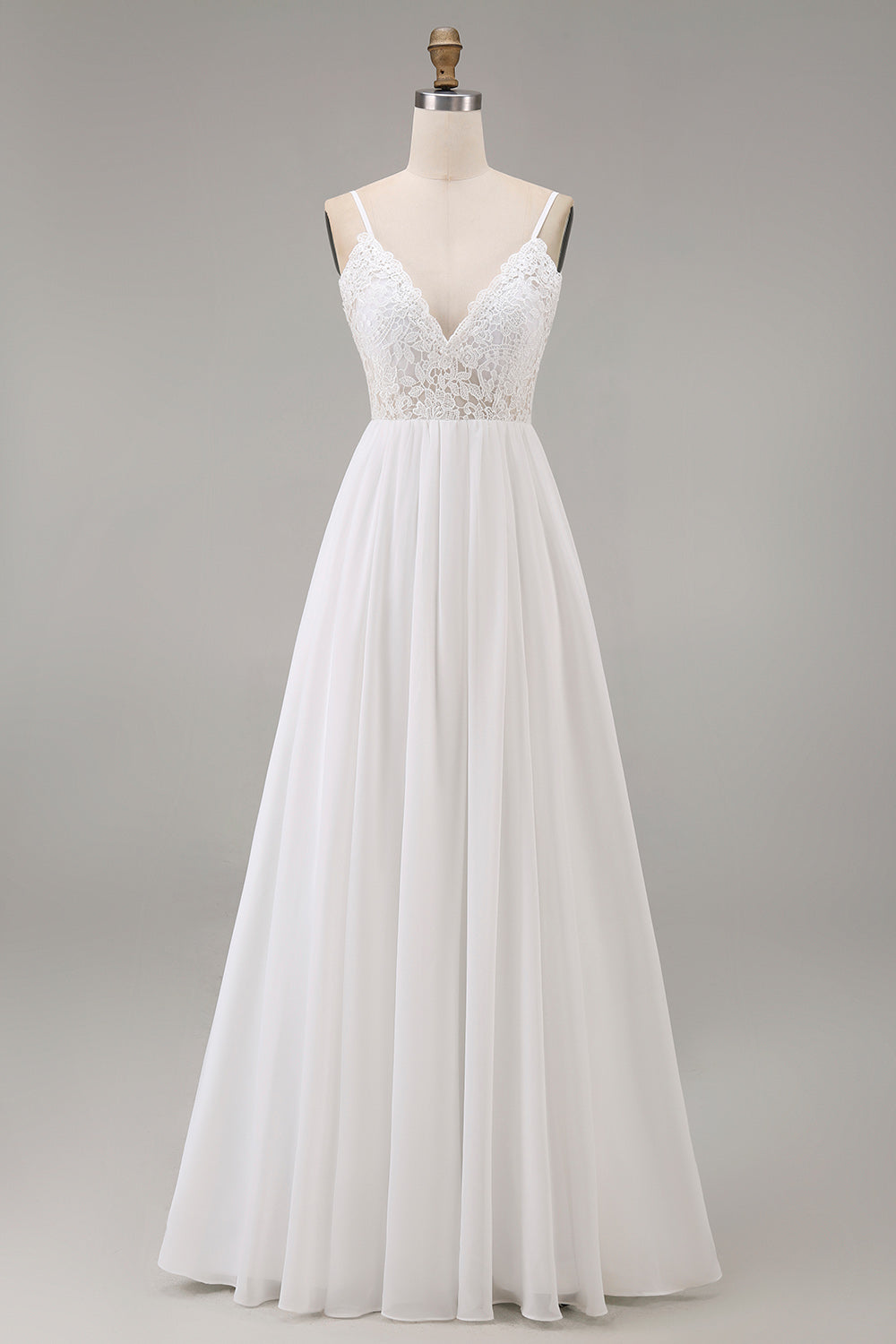 White Spaghetti Straps A Line Maxi Rehearsal Dinner Dress with Lace