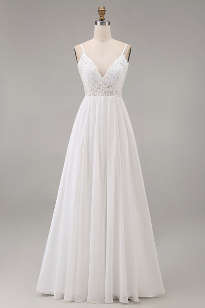 White Spaghetti Straps A Line Maxi Rehearsal Dinner Dress with Lace