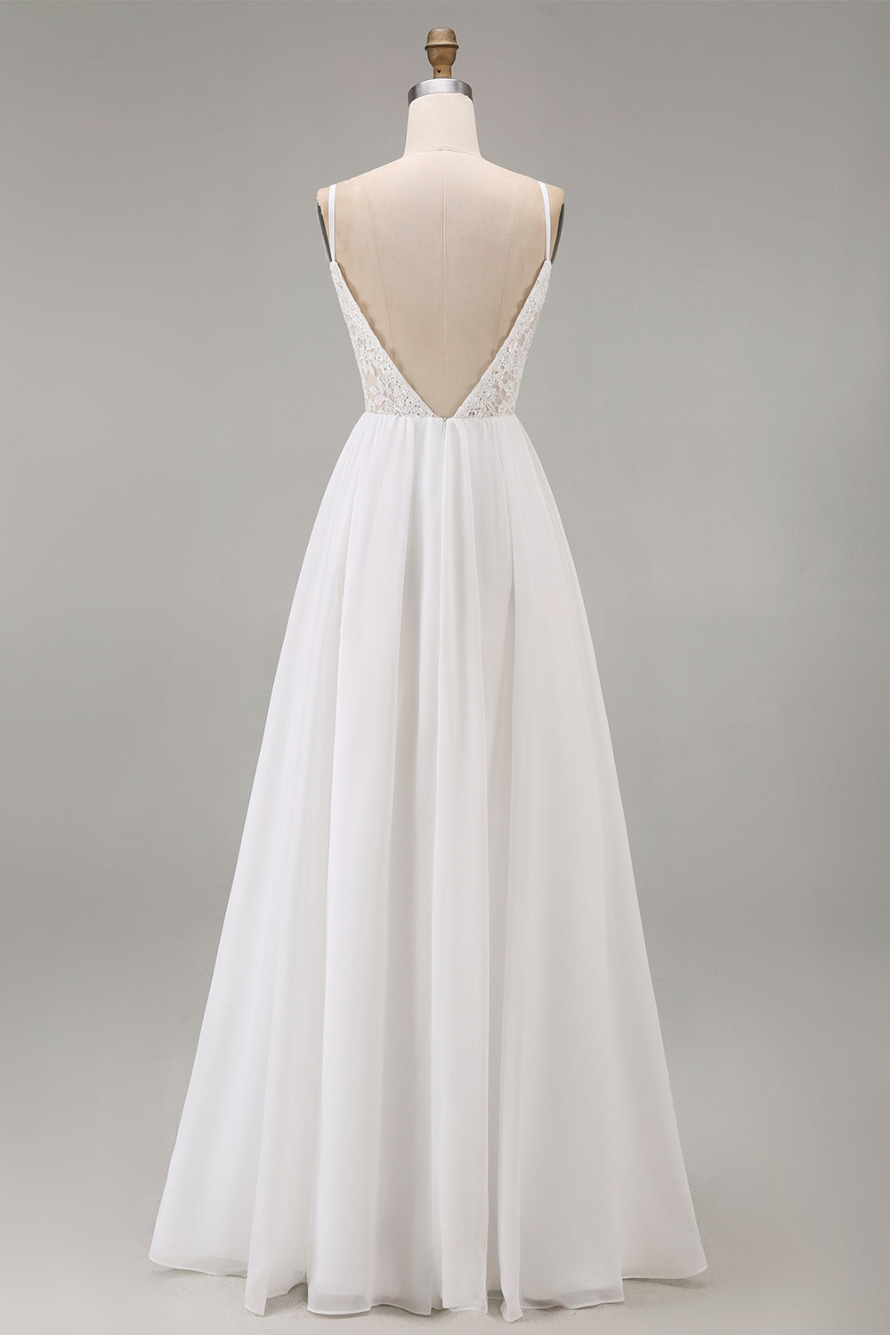 White Spaghetti Straps A Line Maxi Rehearsal Dinner Dress with Lace