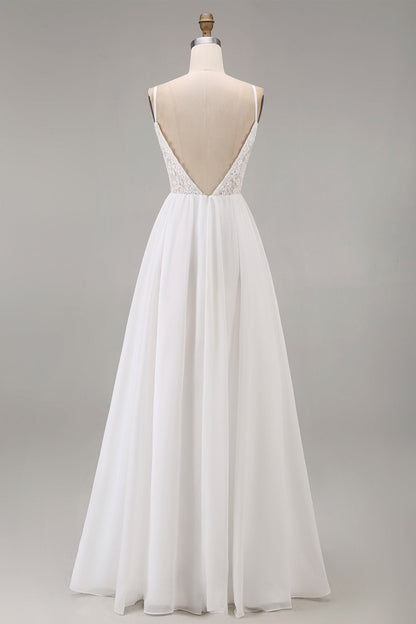 White Spaghetti Straps A Line Maxi Rehearsal Dinner Dress with Lace