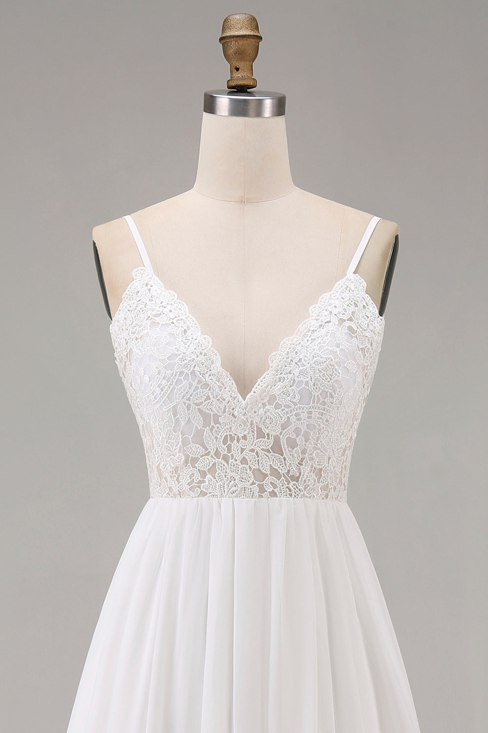 White Spaghetti Straps A Line Maxi Rehearsal Dinner Dress with Lace