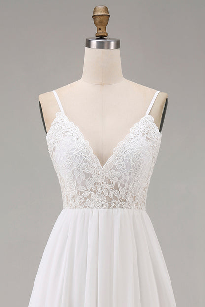 White Spaghetti Straps A Line Maxi Rehearsal Dinner Dress with Lace