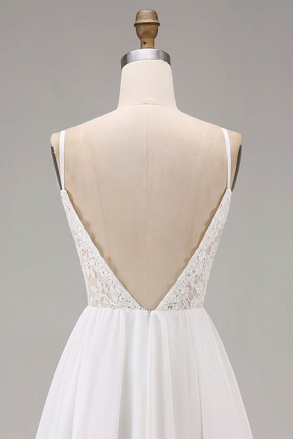 White Spaghetti Straps A Line Maxi Rehearsal Dinner Dress with Lace