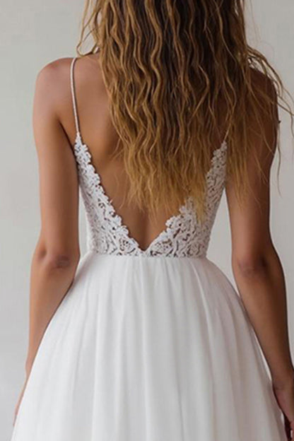 White Spaghetti Straps A Line Maxi Rehearsal Dinner Dress with Lace