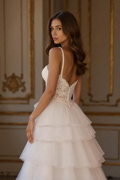Ivory Tulle Ruffled A Line Tiered Sweep Train Wedding Dress with Slit