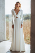 Ivory V-Neck Sheath Floor Length Wedding Dress with Sleeves