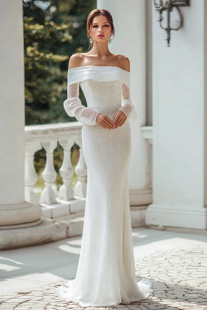 Ivory Off The Shoulder Sweep Train Long Sleeves Wedding Dress