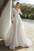 Ivory Lace V-Neck A Line Sweep Train Long Sleeves Wedding Dress with Bow