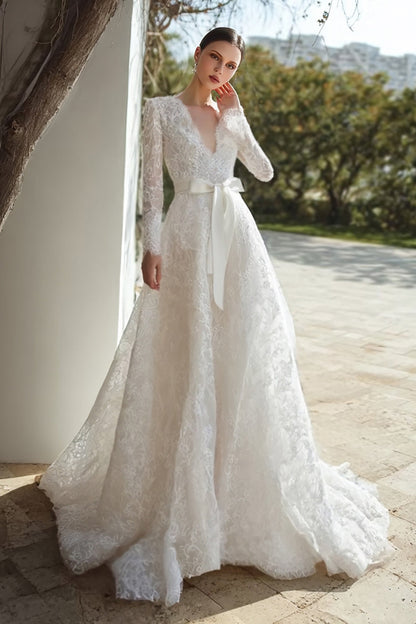 Ivory Lace V-Neck A Line Sweep Train Long Sleeves Wedding Dress with Bow