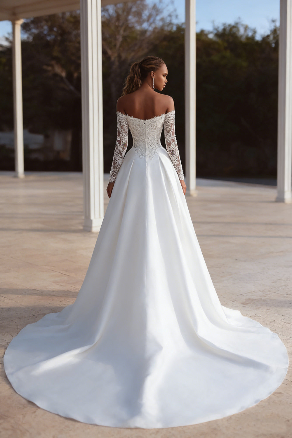 Ivory Off The Shoulder Sweep Train Long Sleeves Wedding Dress with Slit