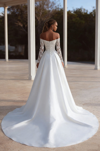 Ivory Off The Shoulder Sweep Train Long Sleeves Wedding Dress with Slit