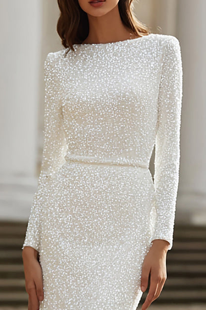 Sparkly Ivory Bateau Neck Long Sleeves Sweep Train Sequin Wedding Dress with Slit