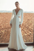 Ivory V-Neck Cut Out Long Sleeves Sheath Sweep Train Wedding Dress