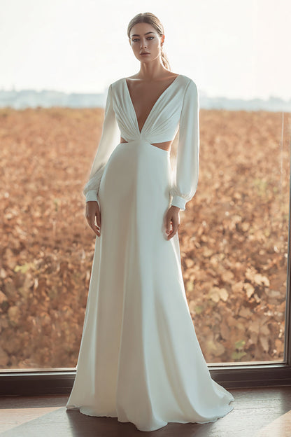 Ivory V-Neck Cut Out Long Sleeves Sheath Sweep Train Wedding Dress