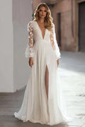 Ivory A Line V-Neck Sweep Train Pleated Wedding Dress with Slit