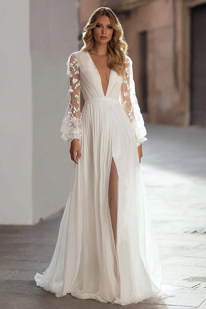 Ivory A Line V-Neck Sweep Train Pleated Wedding Dress with Slit