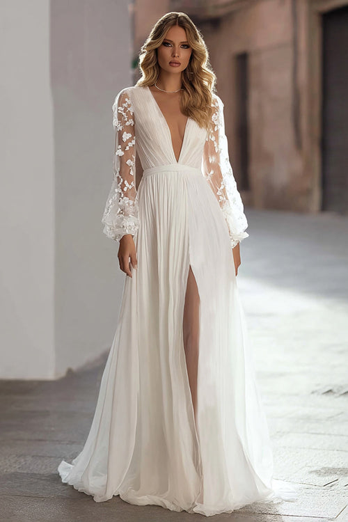 Ivory A Line V-Neck Sweep Train Pleated Wedding Dress with Slit