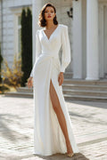 Ivory Sheath V-Neck Ruched Floor-Length Wedding Dress with Slit