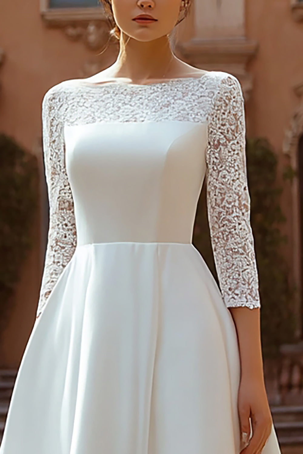Ivory A Line Boat Neck Satin Sweep Train Wedding Dress with Lace