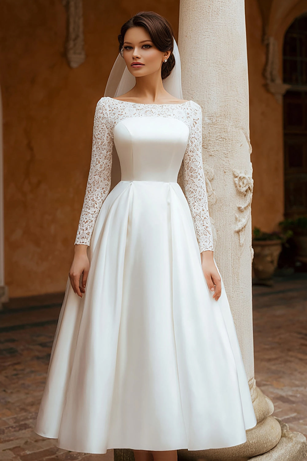 Ivory Satin Boat Neck A Line Wedding Dress with Lace
