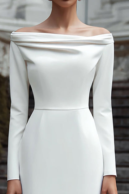 Ivory Sheath Satin Off the Shoulder Long Engagement Dress