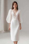 Ivory V-Neck Bodycon Short Wedding Dress with Lace
