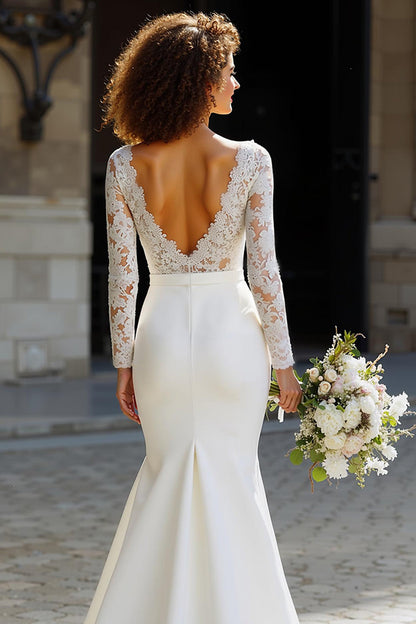 White Chiffon Sweep Train Mermaid Wedding Dress with Sleeves